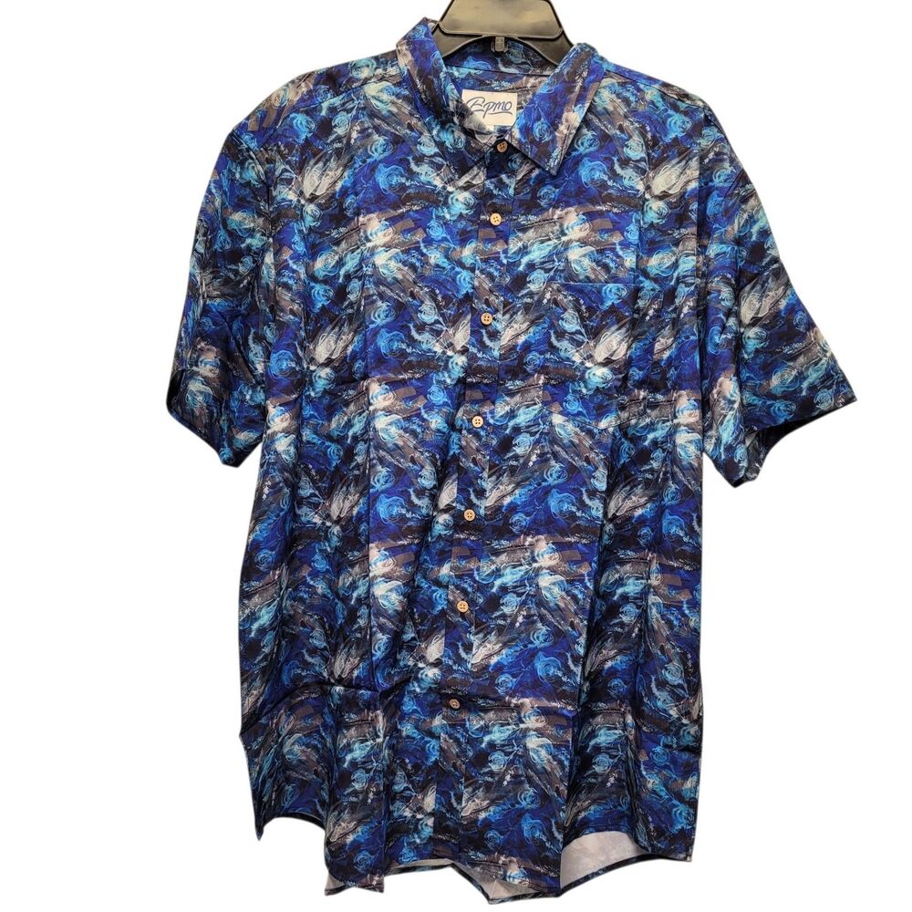 EPMO Men's Short Sleeve Button-Up Shirt Blue Abstract Ocean Print Casual Top XXL